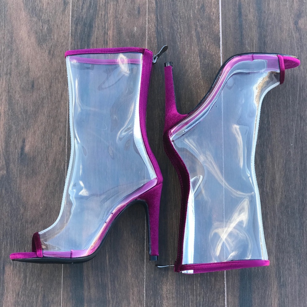 NIB Burgundy Red Clear Peep Toe Boots - Picture 7 of 8